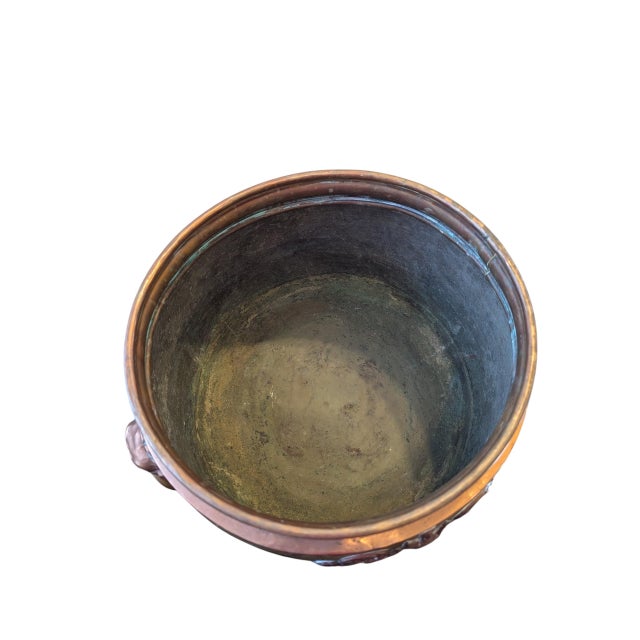 Antique French Copper and Brass Jardiniere With Crest and Lion Head Handles For Sale - Image 4 of 12