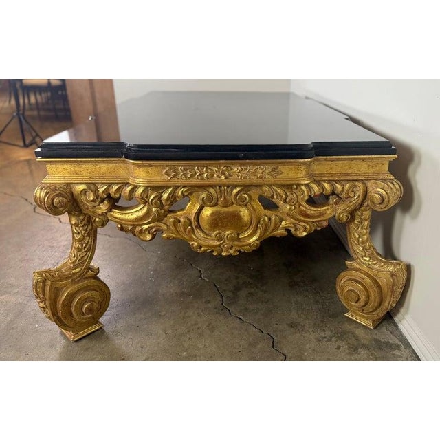 Black Baroque-Style 22k Gold Leaf Carved Coffee Table With Black Stone Top For Sale - Image 8 of 13
