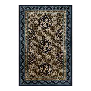 1920s Blue Medallion Antique Chinese Peking Dragon Greek Key Knotted Wool Rug For Sale