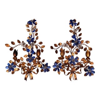 Large Mid-Century Pair of Tole & Crystal Leaves and Flowers Sconces For Sale