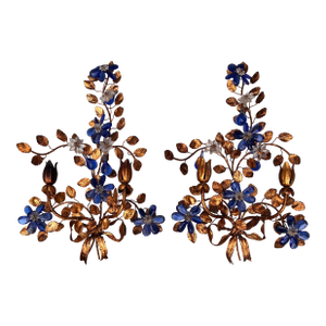 Large Mid-Century Pair of Tole & Crystal Leaves and Flowers Sconces
