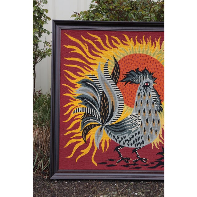 Large canvas tapestry in vibrant, vintage colors: bright orange, yellow\. The design features a very French symbol: a...