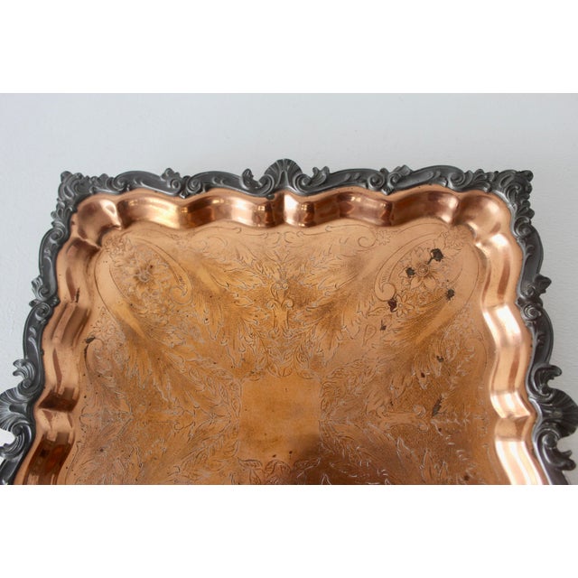 Sheffield Vintage Ornate English Copper Pewter Square Engraved Platter Footed For Sale - Image 4 of 16