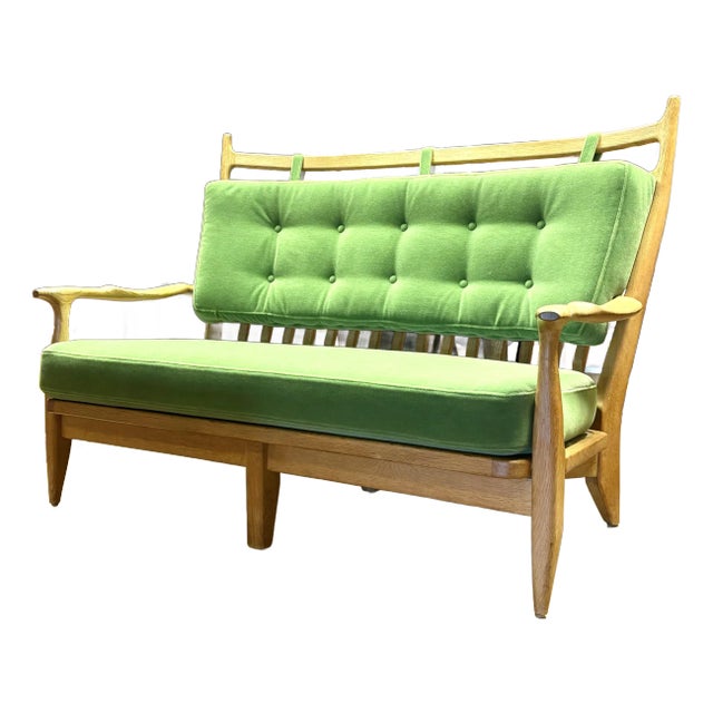 Mid Century Oak Settee by Guillerme Et Chambron With Mohair Velvet, France 1950s For Sale