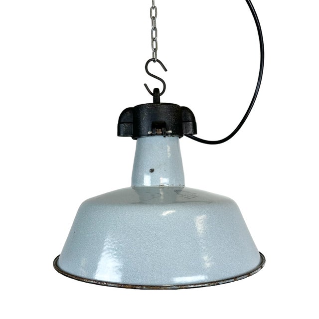 Industrial Grey Enamel Factory Lamp with Cast Iron Top, 1960s For Sale