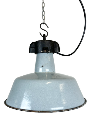 Industrial Grey Enamel Factory Lamp with Cast Iron Top, 1960s