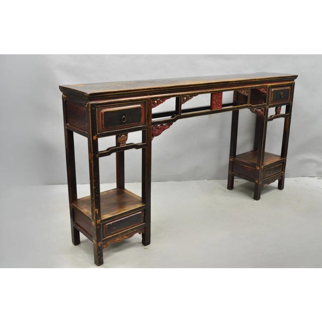 Antique Chinese Carved Hardwood Oriental Altar Console Table Sideboard Buffet w/ Drawers. Item features a unique tall...