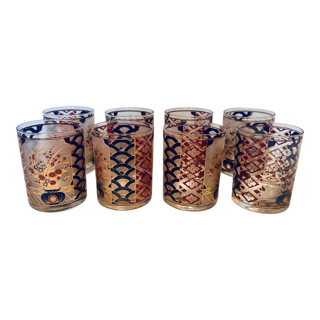 Vintage Culver Imari Rocks Glasses 22k Gold Chinoiserie Barware - Set of 8 For Sale