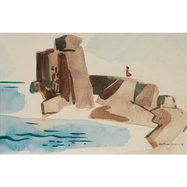 "Lonely Rocks" - Original 1958 Watercolor on Paper Original watercolor painting of a woman in a red dress standing on...