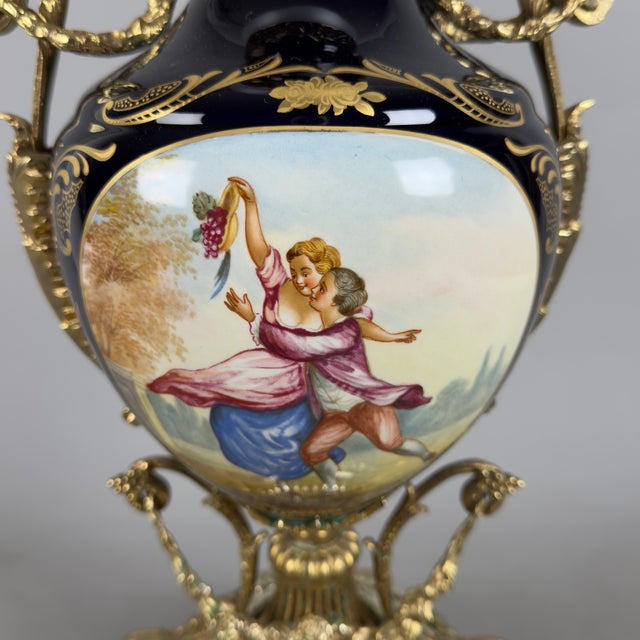 Blue Antique French Porcelain, Brass and Satin Glass Table Lamp, 20th Century For Sale - Image 8 of 13