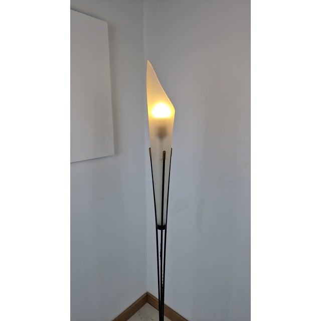 Brass and Iron Floor Lamp with Sandblasted Glass Lampshade and Marble Base, 1950s For Sale - Image 11 of 14