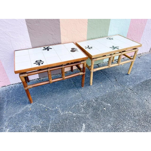 Boho Chic 1970s Palm Beach Regency Tile Top Side Tables - a Pair For Sale - Image 3 of 7