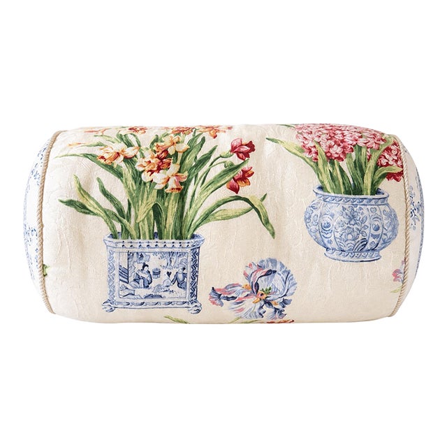 Vintage Chinoiserie Botanical Bolster Throw Pillow With Blue & White Porcelain Planter Print For Sale