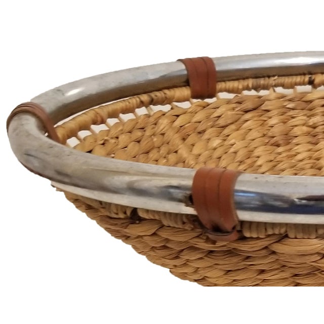 Vintage Set of 2 Large Woven Baskets With Chrome Rim and Base For Sale - Image 9 of 12