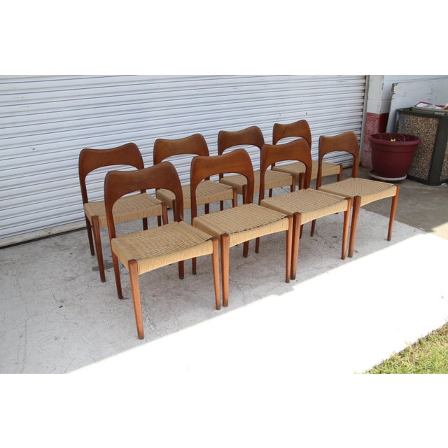 Arne Hovmand Olsen for Mogens Kold Mid Century Danish Teak Papercord Dining Chairs - Set of 8 Each chair measures: 19 wide...