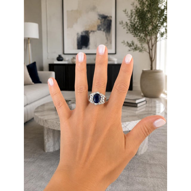 1980s Platinum Natural Thai Sapphire & Diamond Ring, Gia Certified 4.33 Carats, Size 8 For Sale - Image 12 of 12