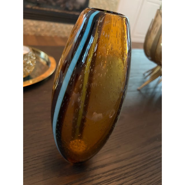 Contemporary Contemporary Gold Blue Glass Vase For Sale - Image 3 of 6