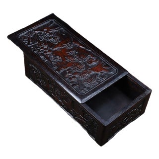 Carved Hardwood Box With Landscape Scenes and Sliding Lid For Sale