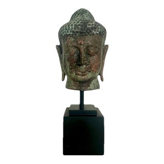 South East Asian Buddha Head Mounted on Square Black Pedestal For Sale