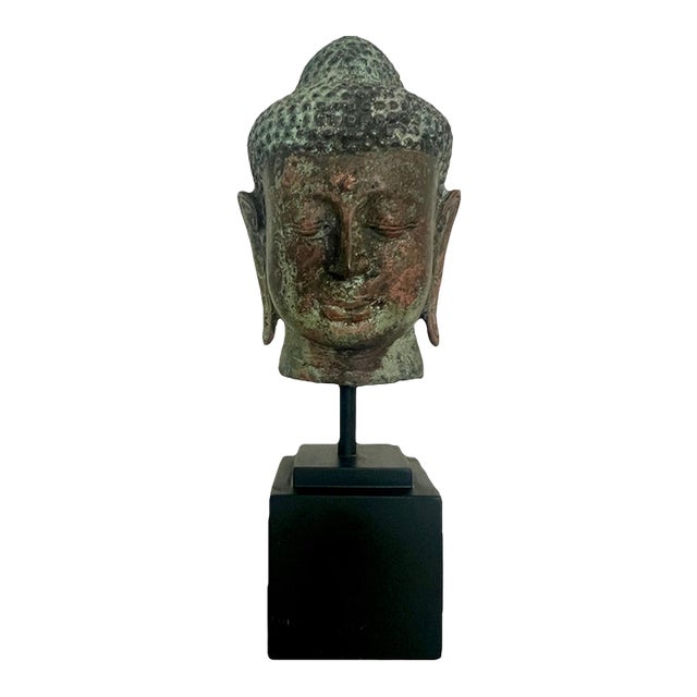 South East Asian Buddha Head Mounted on Square Black Pedestal For Sale