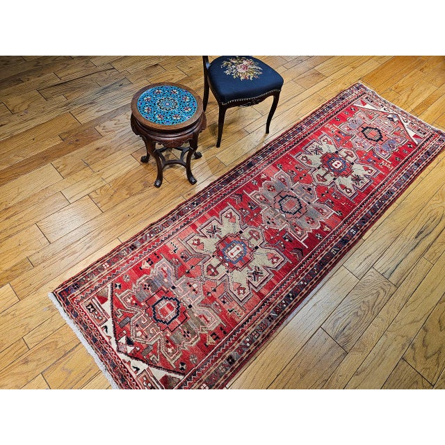 Vintage Persian Heriz Runner, Hand-Knotted Wool, Geometric Pattern, Red & Green, 3x10 For Sale - Image 10 of 18