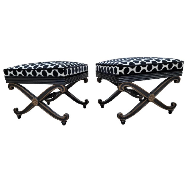 Vintage French Regency Style Ottomans with Ebonized Scrolled Bases, Newly Reupholstered in Black & White Velvet Polka Dot...