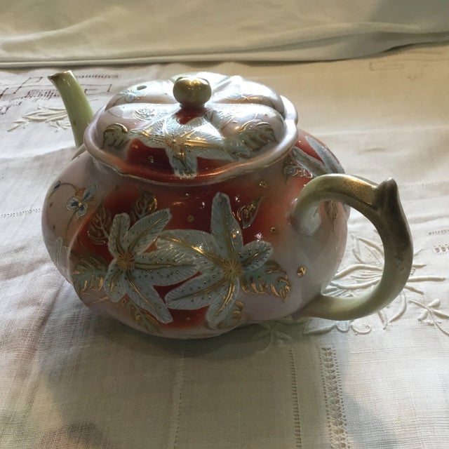 Traditional Japanese Hand Painted Tea Pot With Flowers and Gold Accents Antique For Sale - Image 3 of 11