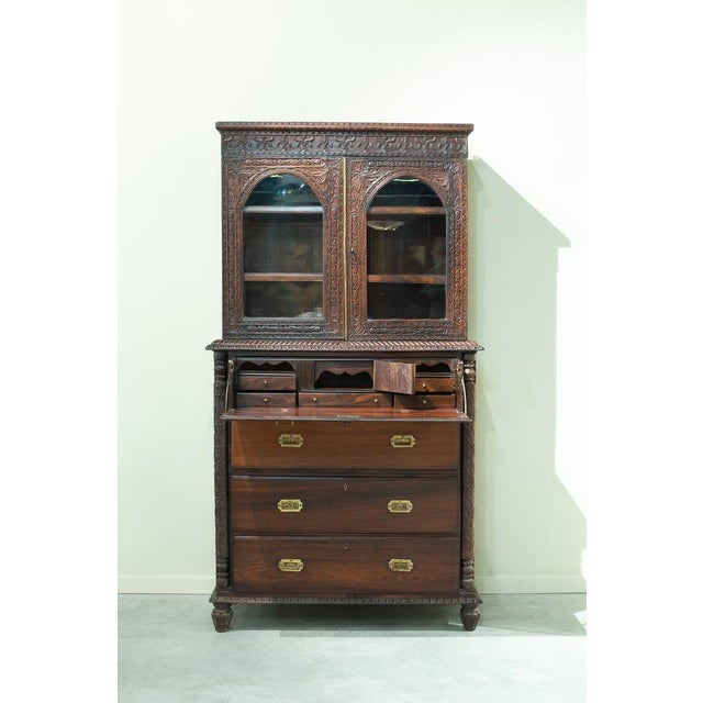 Antique Anglo-Indian Carved Desk Bookcase, India, 19th Century For Sale - Image 3 of 18