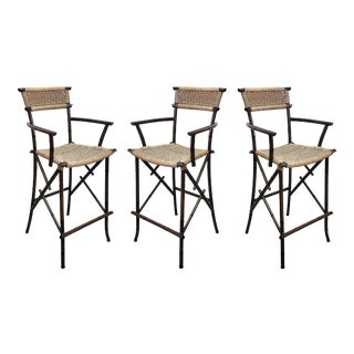 1980s Iron Bamboo Style Bar Stools with Rope Seats - Set of 3 For Sale