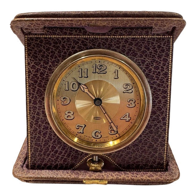 Antique Swiss Art Deco Travel or Desk Clock in Purple Leather Case For Sale