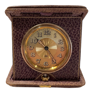 Antique Swiss Art Deco Travel or Desk Clock in Purple Leather Case
