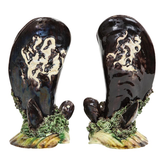 Portuguese Majolica Mussels Spill Vases - a Pair For Sale