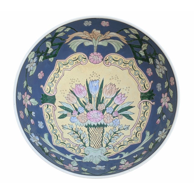 Vintage Asian Chinoiserie Painted Porcelain Decorative Bowl Use to hold Lemons, or Display on a Curved Wooden Asian...