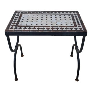 Handmade Moroccan White and Brown Mosaic Side Table, Extra Small Rectangular For Sale