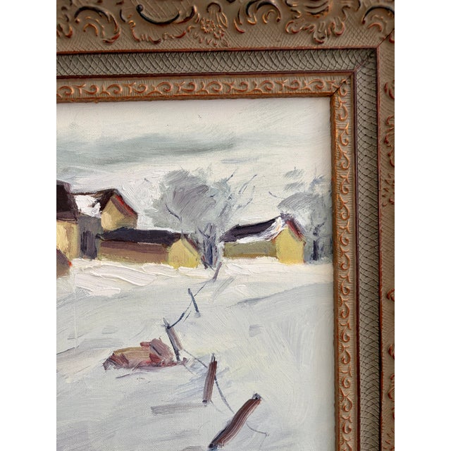 Vintage Original Oil Painting on Board – Snowy Farm and Barn Winter Landscape – Ornate Frame For Sale - Image 10 of 17