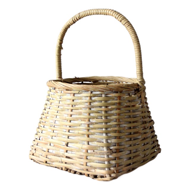 Vintage Handmade Gathering Basket With Handle For Sale