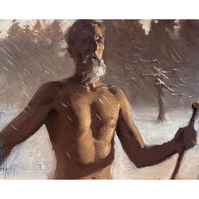 Blind Man in the Snow by Diego Glazer | Oil on Board Portrait of a blind man in a snowy landscape For Sale