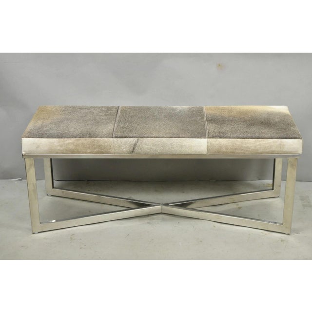 Modern Leather Cowhide Silver Chrome Metal X-Frame Stretcher Base Bench For Sale - Image 15 of 15