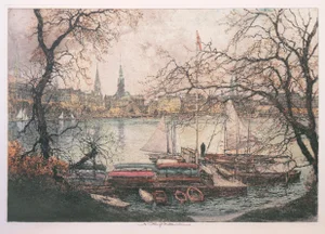 'On the Lake' After Luigi Kasimir, Etching, Vienna Academy of Art