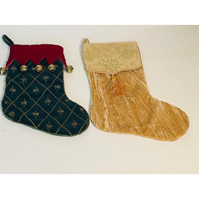 Shabby Chic 1970s Two Christmas Stockings Embroidered With Gingle Bells For Sale - Image 3 of 5