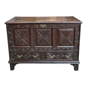 Antique English Trunk Coffer Blanket Chest Carved Oak Foyer Table C1820