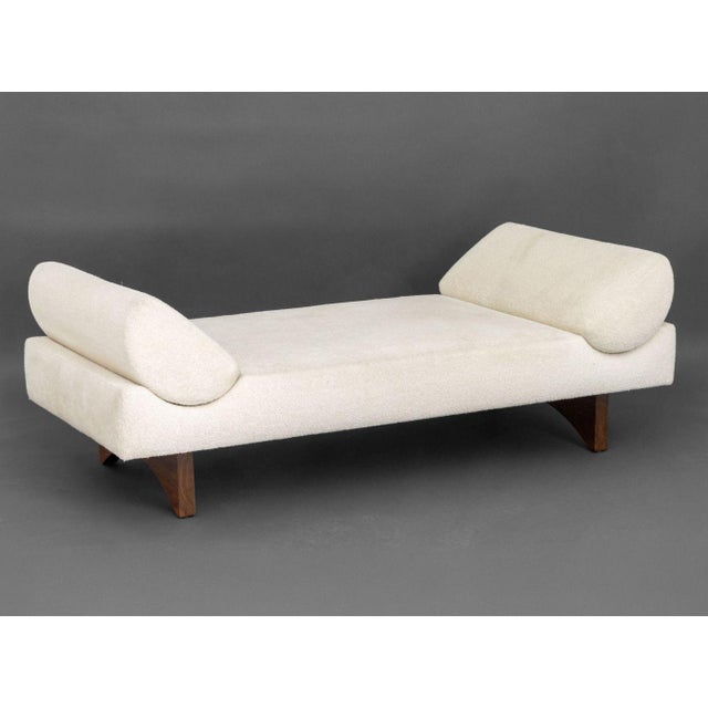 Kevin Walz for Ralph Pucci "KW2" White Upholstered Daybed, on walnut legs with two pillows. 25" H x 72" W x 36.5" D; seat:...