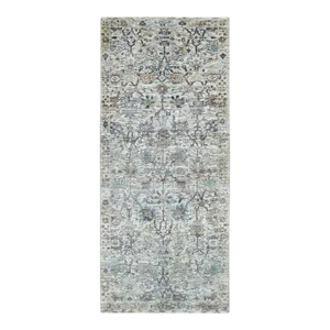 Ivory Silk With Textured Wool Tabriz Runner Hand Knotted Oriental Rug