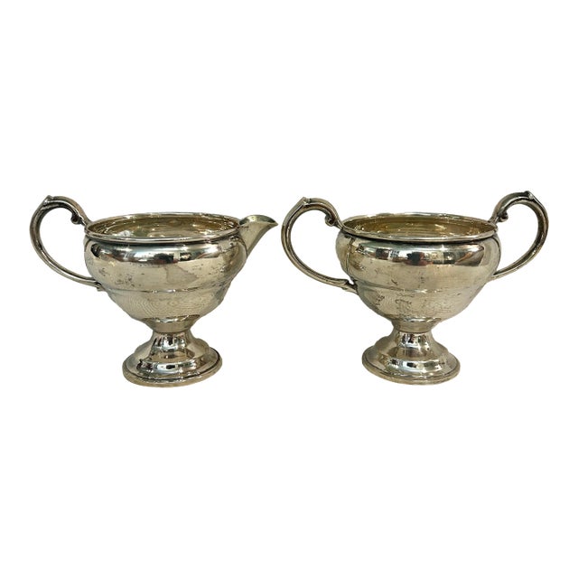 Vintage Sterling Silver Art Deco Footed Open Sugar and Creamer Set - A Pair For Sale