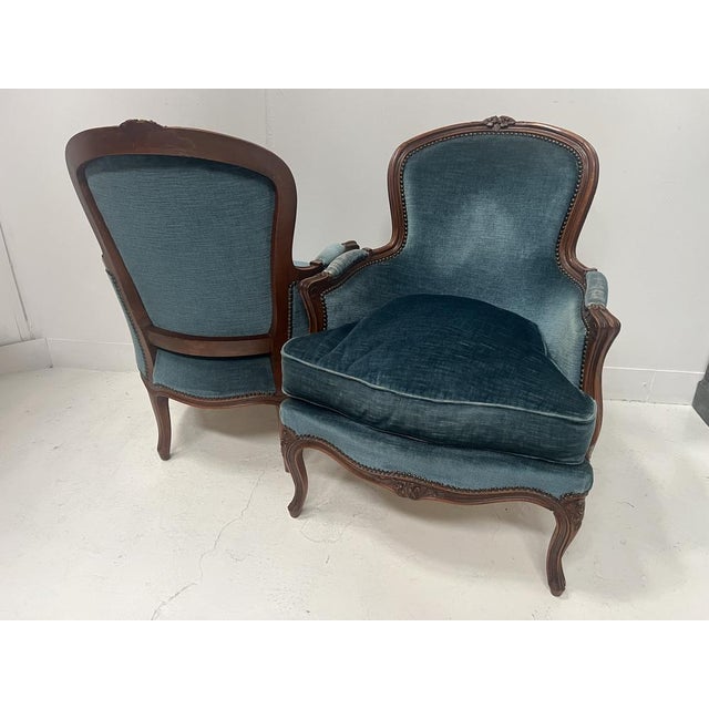 Teal Louis XV Style Bergère Armchairs in Wood, 20th Century, Set of 2 For Sale - Image 8 of 13