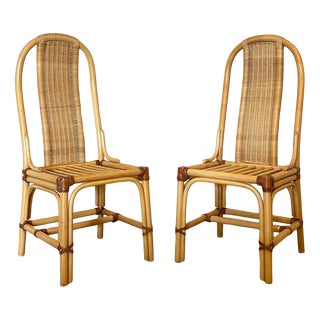 Set of Wicker, Leather, and Bamboo Chairs, 1970s For Sale
