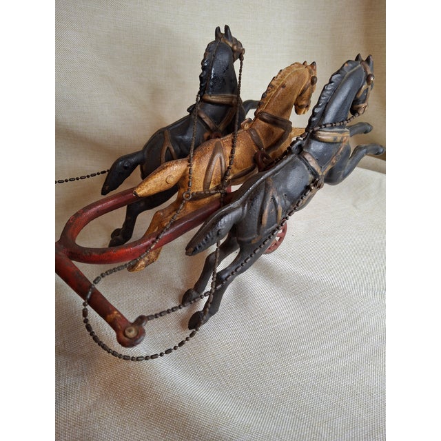 American Large Vintage 21" Cast Iron 3-Horse Fire Pumper Wagon Toy - Utexiqual / Kenton Style For Sale - Image 3 of 18