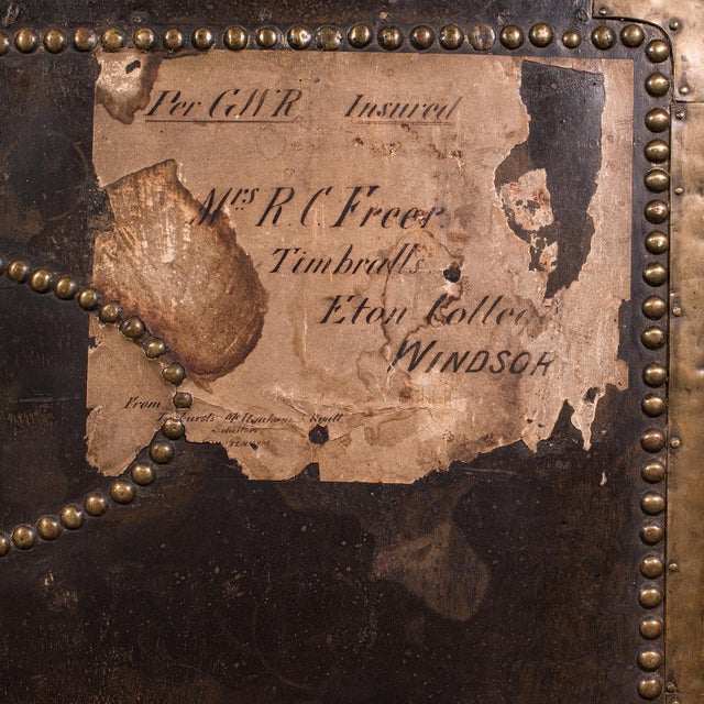 This is an antique Etonian steamer trunk. An English, leather over camphorwood travel chest, dating to the late Victorian...