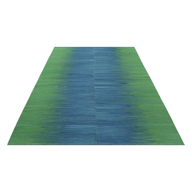 2010s Rug & Kilim’s Contemporary Kilim in Blue and Green Stripes and Geometric Pattern For Sale - Image 5 of 7