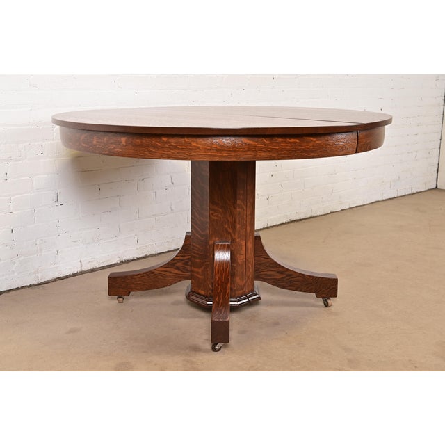 L. & J.G. Stickley, Inc. Stickley Brothers Style Antique Mission Oak Arts & Crafts Pedestal Extension Dining Table, Newly Refinished For Sale - Image 4 of 13